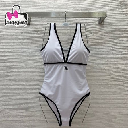 Chanel White V-Neck One-Piece Swimsuit