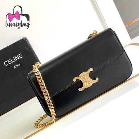 Celine Triomphe Chain Shoulder Bag With Rhinestone Lock In Shiny Calfskin Black