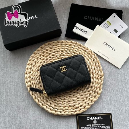 Chanel Zip Coin Purse Quilted Caviar Gold-tone Black