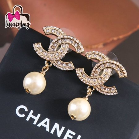 Chanel CC Drop Earrings Crystal Pearl Gold