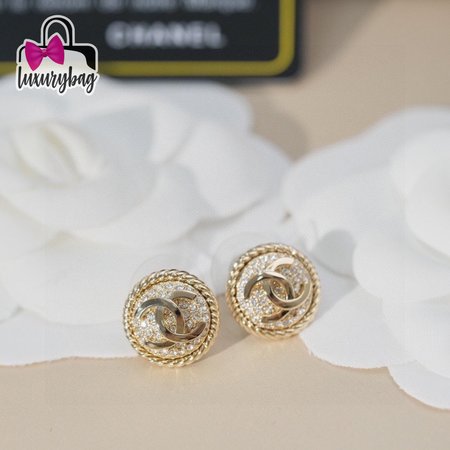 Chanel Double C Round Full Diamond Stud Earrings