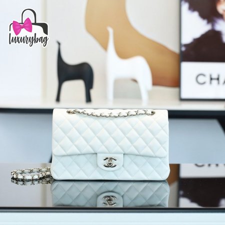 Chanel Classic Flap Shoulder Bag White Silver