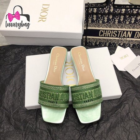 Dior Dway Heeled Slide Green Cotton Embroidered with Metallic Thread and Strass