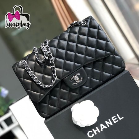 Chanel Classic Double Flap Quilted Lambskin Silver-tone Jumbo Black