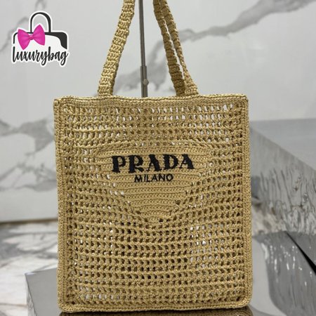 Prada Logo-Print Raffia Tote