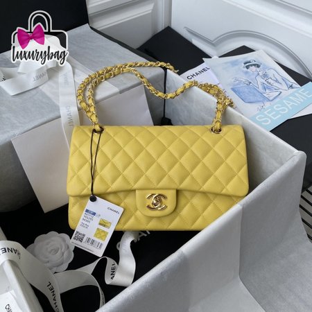 Chanel Medium Classic Double Flap Bag Yellow Caviar Light Gold Hardware