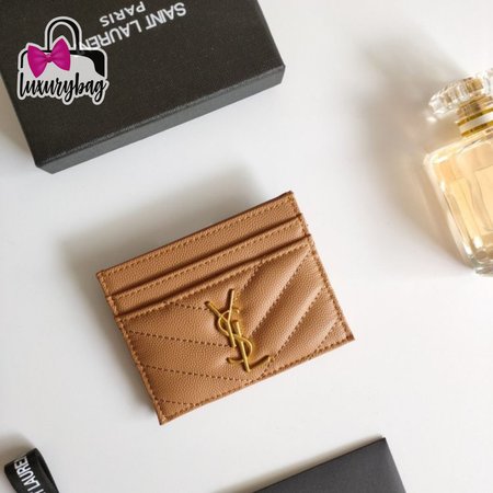 Saint Laurent Card Holder Monogram Quilted Textured Leather Vintage Peach