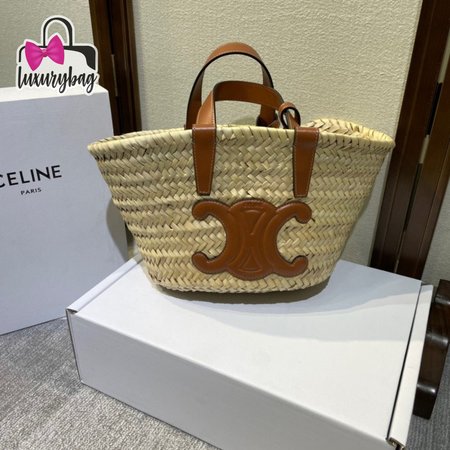 Celine Triomphe Classic Basket Bag In Palm Leaf Calfskin Tan