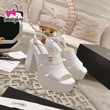 Chanel Sandal Patent Crumpled Lambskin White