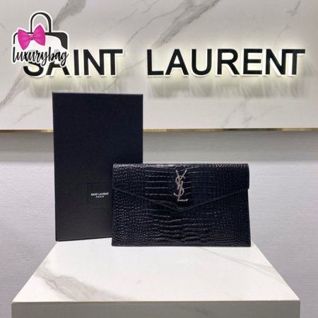 Saint Laurent Uptown Pouch Shiny Crocodile-Look Leather Black