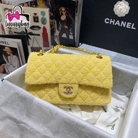 Chanel Yellow Tweed And Leather Double Flap Bag