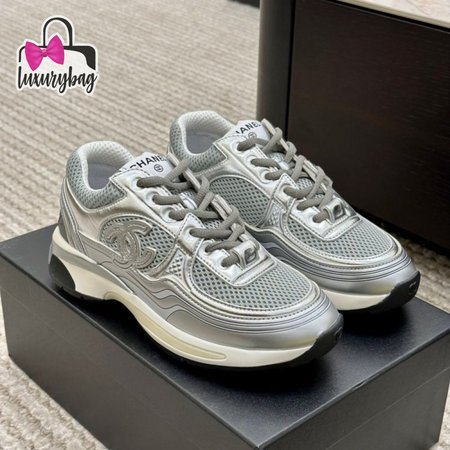 Chanel 23C Gray Silver Metallic CC Logo Lace Up Flat Runner Trainer Sneaker