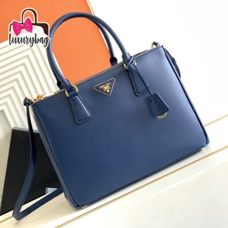 Prada Blue Saffiano Lux Leather Double Zip Tote