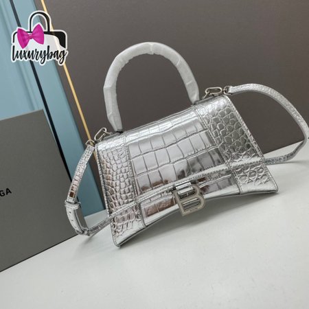 Balenciaga Metallic Shiny Calfskin Crocodile Embossed Hourglass Top Handle Bag