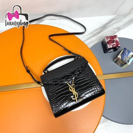 Cassandra Mini Top Handle Bag In Crocodile-Embossed Shiny Leather