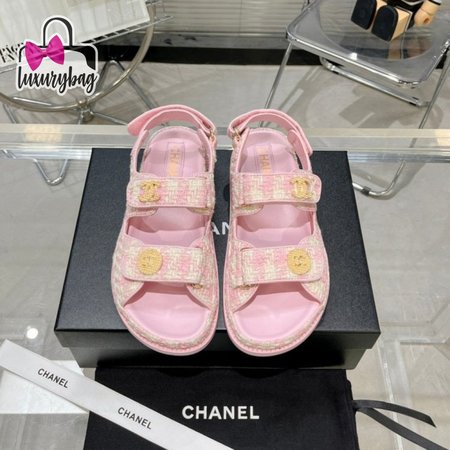 Chanel Gingham Open Toe Rubber Sole Casual Style Tweed