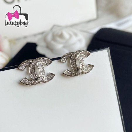 Chanel Crystal CC Earrings Silver