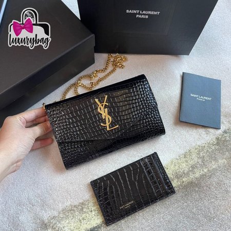 Saint Laurent Cassandre Phone Holder With Strap In Shiny Crocodile-Embossed Leather