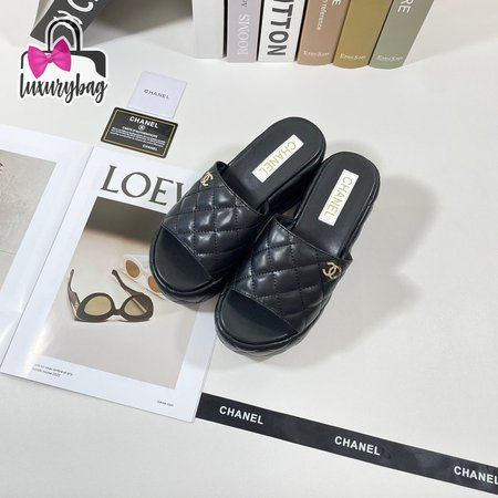 Chanel Black Leather Slides