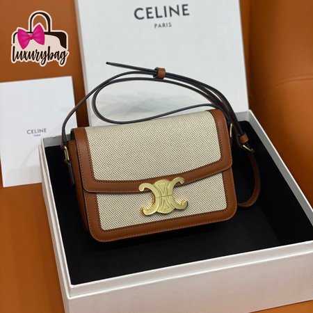 Celine Teen Triomphe Bag In Textile And Calfskin Natural/Tan