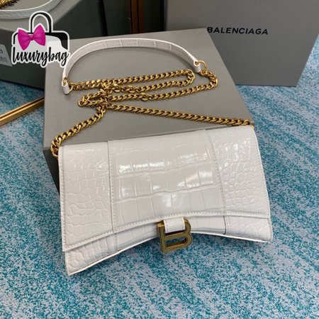 Balenciaga Hourglass Wallet On Chain Crocodile Embossed In White 9016