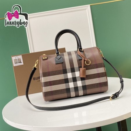 Burberry Check And Leather Medium Bowling Bag Dark Birch Brown 80523481