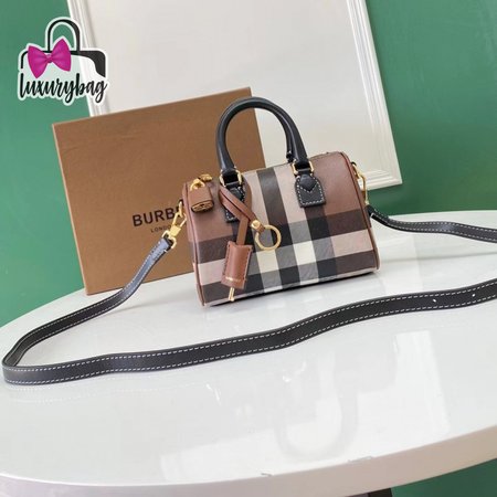 Burberry Check And Leather Mini Bowling Bag Dark Birch Brown 80534961