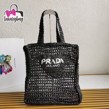 Prada Raffia Tote Bag Black 1BG393