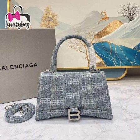 Balenciaga Hourglass Small Handbag Bb Monogram Bleached Denim In Blue 64716