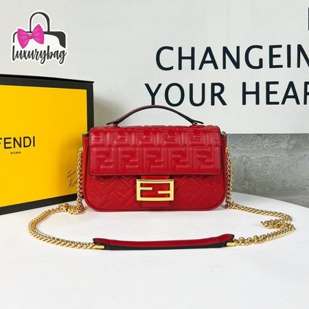 Fendi Baguette Chain Midi Red Leather Bag