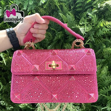 Valentino Medium Roman Stud The Shoulder Bag Chain With Sparkling Embroidery Pink