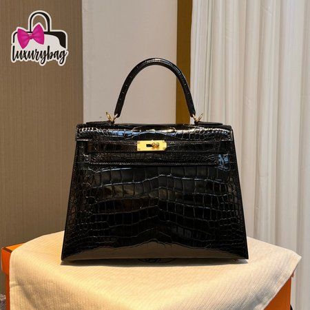 Hermes Kelly 25 HSS Sellier Black Shiny Alligator Brushed Gold Hardware