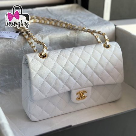 Chanel White Quilted Caviar Medium Classic Double Flap Light Gold Hardware