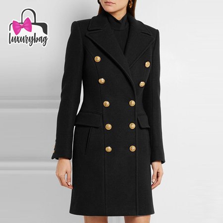 Balmain Black Double Breasted Gold Button Wool Coat