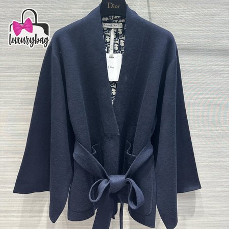 Dior Belted Kimono Jacket Navy Blue Double-Sided Wool And Silk With Dior Oblique Interior