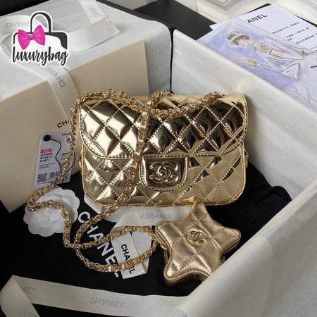 CHANEL 24C Gold Metallic Mini Flap Bag Star Coin Purse Bag 2024