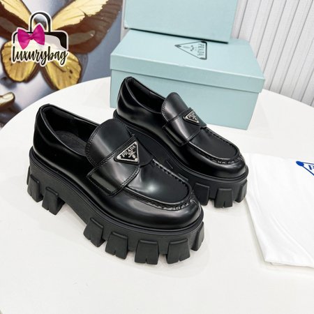 Prada Brushed Leather Monolith Loafers Black 35-39