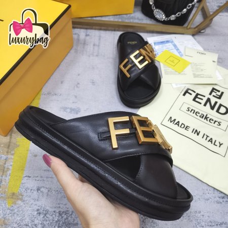 Fendigraphy Black Leather Slides 35-45