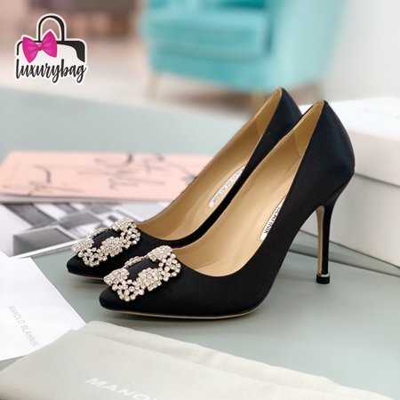 Manolo Blahnik Hangisi Black Satin Jewel Buckle Pumps 35-39