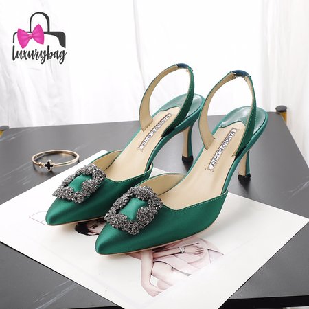 Manolo Blahnik Green Satin Jewel Buckle Slingback Pumps 35-42